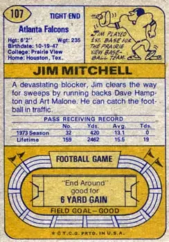 1974 Topps #107 - Jim Mitchell - Atlanta Falcons - Back