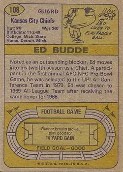 1974 Topps #108 - Ed Budde - Kansas City Chiefs - Back