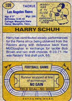1974 Topps #109 - Harry Schuh - Los Angeles Rams - Back 1974 Topps #109 - Harry Schuh - Los Angeles Rams - Back