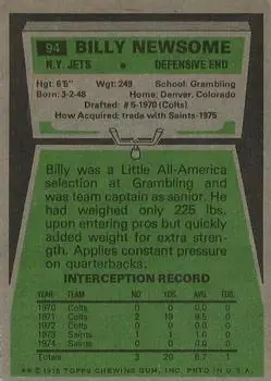 1975 Topps #94 - Billy Newsome - New York Jets - Back