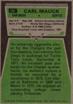 1975 Topps #96 - Carl Mauck - San Diego Chargers - Back 1975 Topps #96 - Carl Mauck - San Diego Chargers - Back