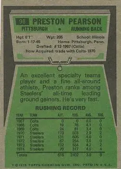 1975 Topps #98 - Preston Pearson - Pittsburgh Steelers - Back