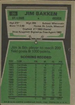 1975 Topps #99 - Jim Bakken - St. Louis Cardinals - Back 1975 Topps #99 - Jim Bakken - St. Louis Cardinals - Back