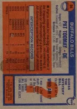 1976 Topps #94 - Pat Toomay - Buffalo Bills - Back