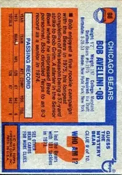 1976 Topps #98 - Bob Avellini - Chicago Bears - Back
