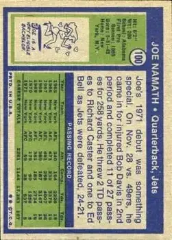 1972 Topps #100 - Joe Namath - New York Jets - Back
