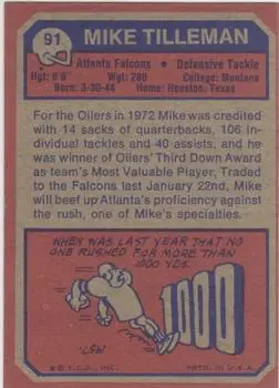 1973 Topps #91 - Mike Tilleman - Atlanta Falcons - Back