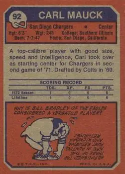 1973 Topps #92 - Carl Mauck - San Diego Chargers - Back 1973 Topps #92 - Carl Mauck - San Diego Chargers - Back