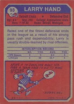 1973 Topps #93 - Larry Hand - Detroit Lions - Back