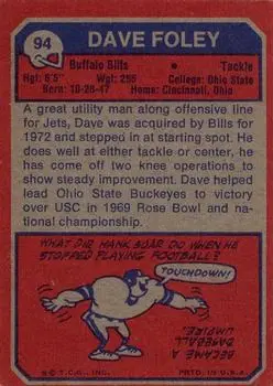 1973 Topps #94 - Dave Foley - Buffalo Bills - Back