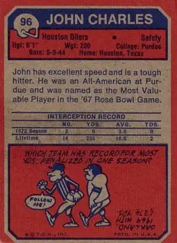 1973 Topps #96 - John Charles - Houston Oilers - Back 1973 Topps #96 - John Charles - Houston Oilers - Back