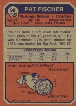1973 Topps #98 - Pat Fischer - Washington Redskins - Back