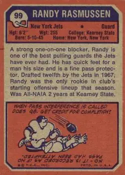 1973 Topps #99 - Randy Rasmussen - New York Jets - Back 1973 Topps #99 - Randy Rasmussen - New York Jets - Back