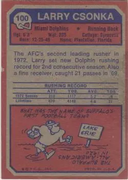 1973 Topps #100 - Larry Csonka - Miami Dolphins - Back 1973 Topps #100 - Larry Csonka - Miami Dolphins - Back