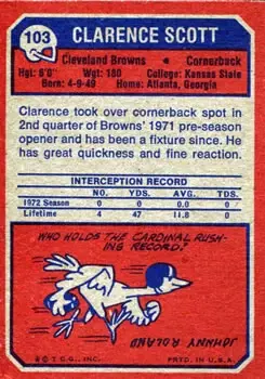 1973 Topps #103 - Clarence Scott - Cleveland Browns - Back