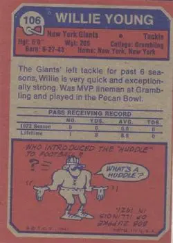 1973 Topps #106 - Willie Young - New York Giants - Back