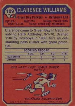 1973 Topps #109 - Clarence Williams - Green Bay Packers - Back