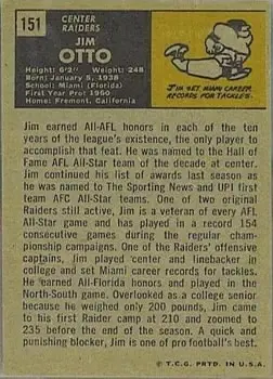 1971 Topps #151 - Jim Otto - Oakland Raiders - Back