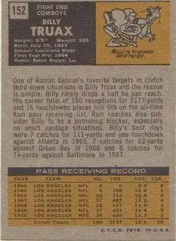 1971 Topps #152 - Billy Truax - Dallas Cowboys - Back 1971 Topps #152 - Billy Truax - Dallas Cowboys - Back