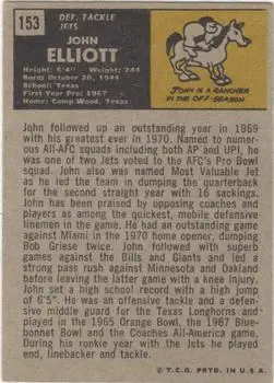 1971 Topps #153 - John Elliott - New York Jets - Back