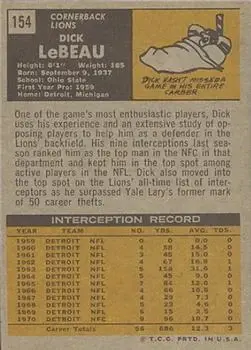 1971 Topps #154 - Dick LeBeau - Detroit Lions - Back