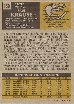 1971 Topps #158 - Paul Krause - Minnesota Vikings - Back