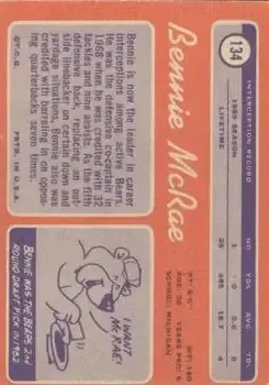 1970 Topps #134 - Bennie McRae - Chicago Bears - Back 1970 Topps #134 - Bennie McRae - Chicago Bears - Back