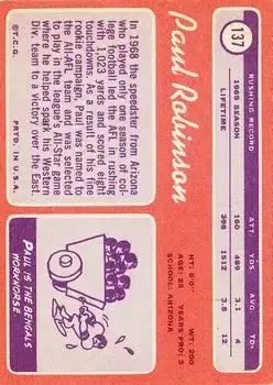 1970 Topps #137 - Paul Robinson - Cincinnati Bengals - Back