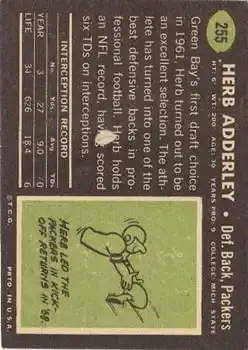 1969 Topps #255 - Herb Adderley - Green Bay Packers - Back