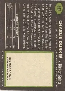 1969 Topps #257 - Charlie Durkee - New Orleans Saints - Back
