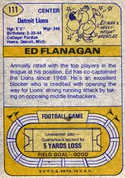 1974 Topps #111 - Ed Flanagan - Detroit Lions - Back