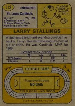 1974 Topps #112 - Larry Stallings - St. Louis Cardinals - Back