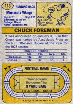 1974 Topps #113 - Chuck Foreman - Minnesota Vikings - Back
