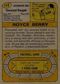 1974 Topps #114 - Royce Berry - Cincinnati Bengals - Back