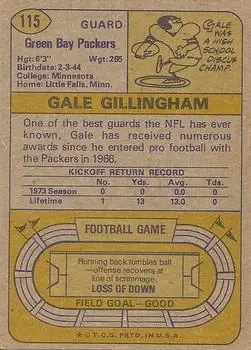1974 Topps #115 - Gale Gillingham - Green Bay Packers - Back 1974 Topps #115 - Gale Gillingham - Green Bay Packers - Back