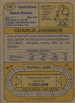 1974 Topps #116 - Charlie Johnson - Denver Broncos - Back 1974 Topps #116 - Charlie Johnson - Denver Broncos - Back
