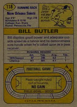 1974 Topps #118 - Bill Butler - New Orleans Saints - Back