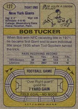 1974 Topps #127 - Bob Tucker - New York Giants - Back