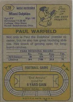 1974 Topps #128 - Paul Warfield - Miami Dolphins - Back