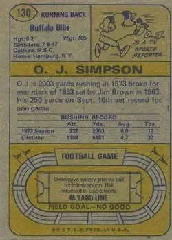 1974 Topps #130 - O.J. Simpson - Buffalo Bills - Back