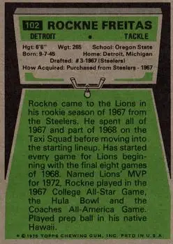 1975 Topps #102 - Rockne Freitas - Detroit Lions - Back 1975 Topps #102 - Rockne Freitas - Detroit Lions - Back