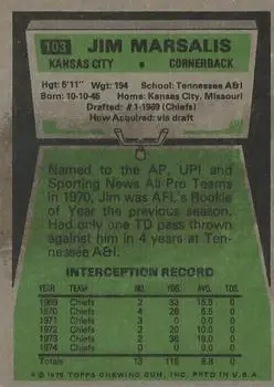 1975 Topps #103 - Jim Marsalis - Kansas City Chiefs - Back