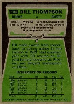 1975 Topps #104 - Bill Thompson - Denver Broncos - Back