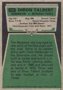 1975 Topps #106 - Diron Talbert - Washington Redskins - Back