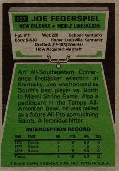 1975 Topps #107 - Joe Federspiel - New Orleans Saints - Back