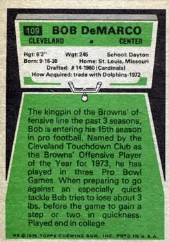 1975 Topps #109 - Bob DeMarco - Cleveland Browns - Back