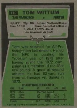 1975 Topps #110 - Tom Wittum - San Francisco 49ers - Back