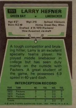 1975 Topps #111 - Larry Hefner - Green Bay Packers - Back 1975 Topps #111 - Larry Hefner - Green Bay Packers - Back