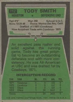 1975 Topps #112 - Tody Smith - Houston Oilers - Back