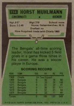 1975 Topps #114 - Horst Muhlmann - Cincinnati Bengals - Back